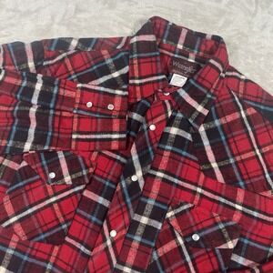 Wrangler Western Flannel Pearl Snap Shirt Men's Large Red Plaid Cowboy
